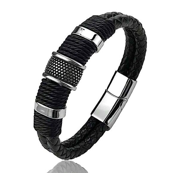BLACK STAINLESS STEEL LEATHER BRACELET - Picture 1 of 3